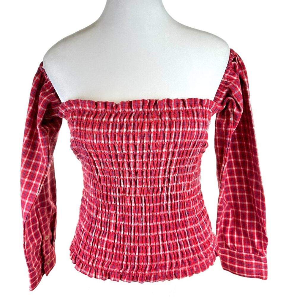 Fashion Nova Flannel Smocked Attached Sleeves Top Shirt Red Plaid Size Medium